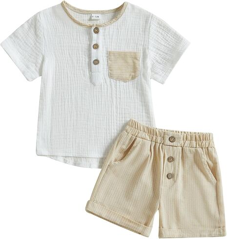 Toddler Baby Boy Summer Clothes Short Sleeve Button T Shirt Pocket Shorts Set Little Boy Outfit Casual Clothing in Kuwait