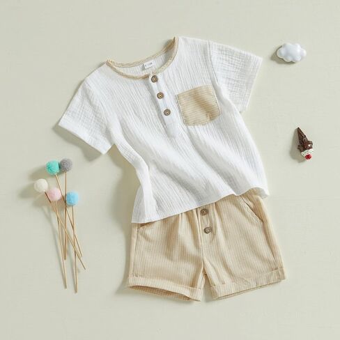 Toddler Baby Boy Summer Clothes Short Sleeve Button T Shirt Pocket Shorts Set Little Boy Outfit Casual Clothing in Kuwait