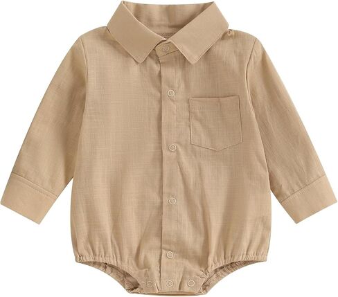 Baby Boy Button Down Shirt Newborn Solid Color Long Sleeve Romper Gentleman Lapel Bodysuit with Pocket in Saudi Arabia