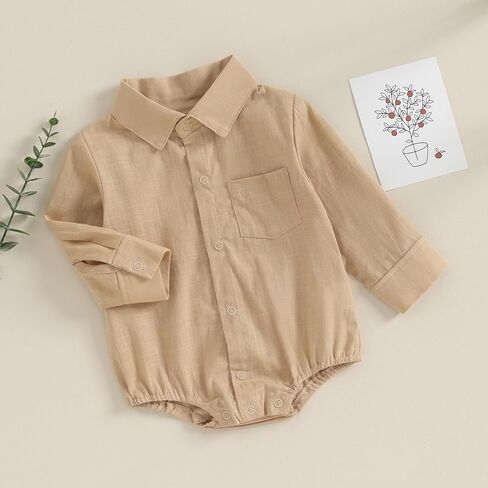 Baby Boy Button Down Shirt Newborn Solid Color Long Sleeve Romper Gentleman Lapel Bodysuit with Pocket in Saudi Arabia