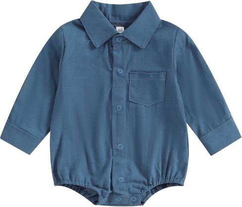 Baby Boy Button Down Shirt Newborn Solid Color Long Sleeve Romper Gentleman Lapel Bodysuit with Pocket in Saudi Arabia