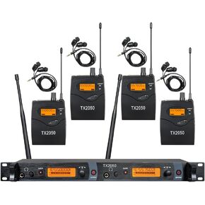 Wireless in Ear Monitor System UHF 4 Bodypacks JX2050 Recording Headphone Studio Monitor Transmitter 2 Channel Frequency Monitoring Type for Stage Church Band Musicians School