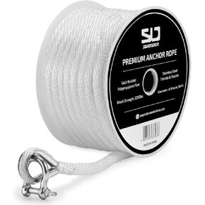 Swonder Anchor Rope 3/8 Inch 50FT 100FT, Marine-Grade Solid Braided Anchor Line with Stainless Steel Thimble & Shackle