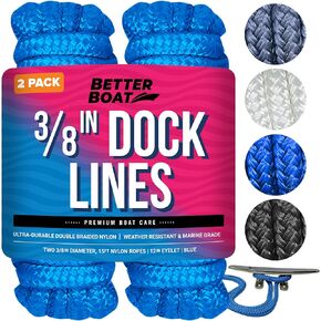 Dock Lines Boat Ropes for Docking 3/8" Line Double Braided Mooring Marine Rope 15FT Nylon Rope Boat Dock Line for Docking Ropes for Boats with Loop Boating Rope Braided 15' Feet Ties White 2 Pack