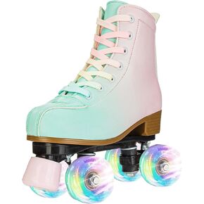 Roller Skates for Girls and Women, Cozy PU Leather Gradient Color Roller Skates with Flash Wheels, Indoor Outdoor Roller Skates for Beginner