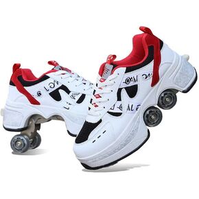Roller Skates for Women Men Outdoor,2 in1 Parkour Shoes with Wheels for Girls/Boys,Double Row Deform Kick Roller Shoes Retractable Adults/Kids,Quad Roller Skates,Skating Shoes Recreation Sneakers