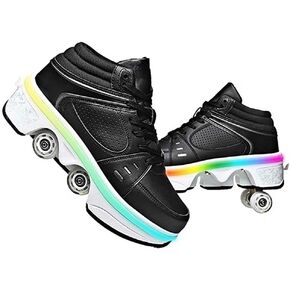 Roller Skates for Women Men Outdoor,2 in1 Parkour Shoes with Wheels for Girls/Boys,Double Row Deform Kick Roller Shoes Retractable Adults/Kids,Quad Roller Skates,Skating Shoes Recreation Sneakers