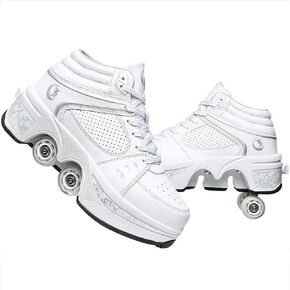 Roller Skates for Women Men Outdoor,2 in1 Parkour Shoes with Wheels for Girls/Boys,Double Row Deform Kick Roller Shoes Retractable Adults/Kids,Quad Roller Skates,Skating Shoes Recreation Sneakers