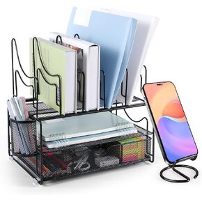 Desk File Organizer with Sliding Drawer 3-Tier Office Desktop Organizer File Holder Cute Desk Paper Letter Tray Organizer with 5 File Sorter Holders, 1 Pen Holder and 1 Phone Holder Gift - Black