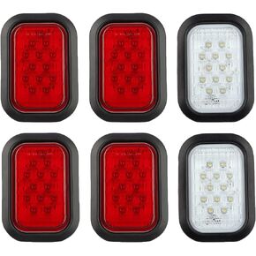 6Pcs 5"x3" Rectangle LED Stop/Turn/Tail/Brake & Backup Reverse Truck Trailer Tail Hitch Lights 12 LED w/Grommets & 3 Wire Pigtail Plug Kit Waterproof (4xRed+2xWhite)