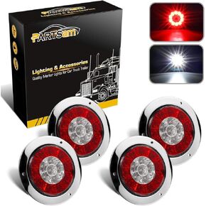 Partsam 4Pcs 4 Inch Round LED Trailer Tail Lights White Red Flange Mount w Reflectors 16 LED DC 12V Sealed Waterproof Stop Brake Tail Running Reverse Backup Lights Lamps for RV Trailer Trucks