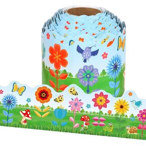 65.6Ft Spring Bulletin Board Border Springtime Birds Bees Butterflies Flowers Rolled Border Trim Spring Flowers Border for Bulletin Board Chalkboard Office School Spring Classroom Decor