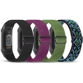 أربطة نايلون مرنة متوافقة مع Fitbit Charge 5 Bands، 4 عبوات ناعمة وقابلة للتعديل وقابلة للتمدد وقابلة للتنفس، سوار معصم بديل بحلقة رياضية لـ Fitbit Charge 5 للرجال والنساء