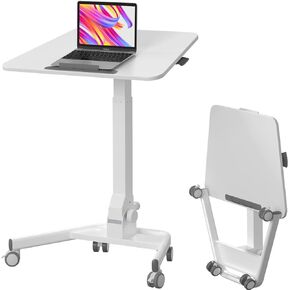 Foldable Mobile Standing Desk, Pneumatic Height Adjustable Rolling Sit Stand Desk, 90° Tiltable Portable Laptop Desk on Wheels, Mobile Desk Workstation for Home Office, Easy to Fold