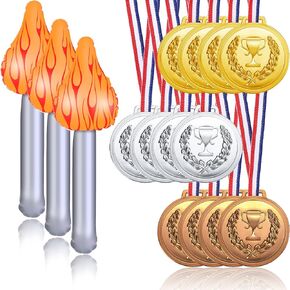 Hicarer 15 Pcs Olympics Party Decorations 3 Pcs Inflatable Olympic Torch and 12 Pcs Gold Silver Bronze Plastic Medals Winner Award for Medieval Luau Themed Party Sports Competitions Performance Props