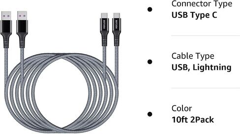 كابل شاحن C شحن سريع طويل USB C سلك نوع C شواحن 10FT 2Pack USB-C لهاتف Samsung Galaxy S10/S9/S8/s7/ Note/9/8، لهاتف Kindle Fire USB A إلى USBC in Kuwait