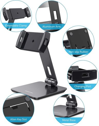 حامل iPad اللوحي من الألومنيوم من شركة OverTEK Business Kiosk، حامل كمبيوتر لوحي وهواتف دوارة 360 درجة لأي جهاز لوحي/هواتف محمولة/شاشة عرض مقاس 4 بوصات - 15.6 بوصة، قوي لمكتب نقاط البيع في المتجر (رمادي) in Kuwait