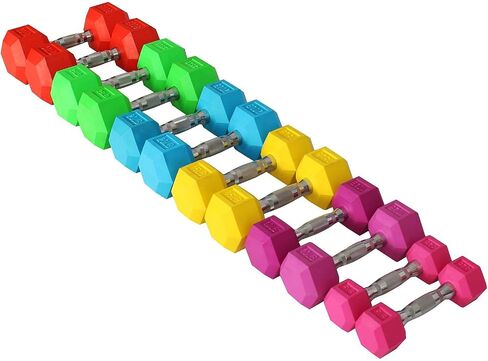 Signature Fitness Colored Rubber Encased Hex Dumbbell, Pairs or Sets, Multiple Packages in Saudi Arabia