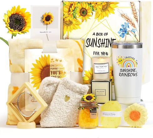 إرسال هدية أشعة الشمس، 10 قطع هدايا عباد الشمس للنساء، حزمة رعاية، سلة هدايا جيدة قريبًا، صندوق هدايا عيد ميلاد فريد من نوعه مع شمعة بطانية ملهمة للنساء، لها، أمي، زوجة، أخت in Saudi Arabia
