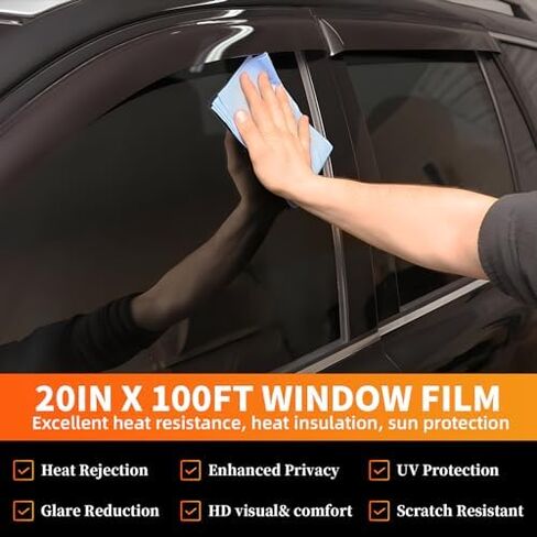 طبقة كربون 2Ply 35% VLT لتظليل نافذة السيارة مقاس 20 بوصة × 100 قدم و8 قطع من أدوات التثبيت، تناسب لون نافذة الخصوصية للسيارات أو المنزل، الأشعة فوق البنفسجية/الأشعة تحت الحمراء، الحرارة والوهج، مقاومة للخدش in Kuwait