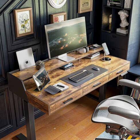 FEZIBO مكتب قائم كهربائي مع أدراج، مكتب واقف مقاس 55 × 26 بوصة قابل للتعديل، مكتب واقف مع رف شاشة، مكتب مكتب منزلي للجلوس، رمادي ريفي in Kuwait