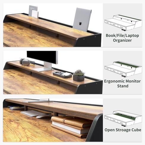 FEZIBO مكتب قائم كهربائي مع أدراج، مكتب واقف مقاس 55 × 26 بوصة قابل للتعديل، مكتب واقف مع رف شاشة، مكتب مكتب منزلي للجلوس، رمادي ريفي in Kuwait