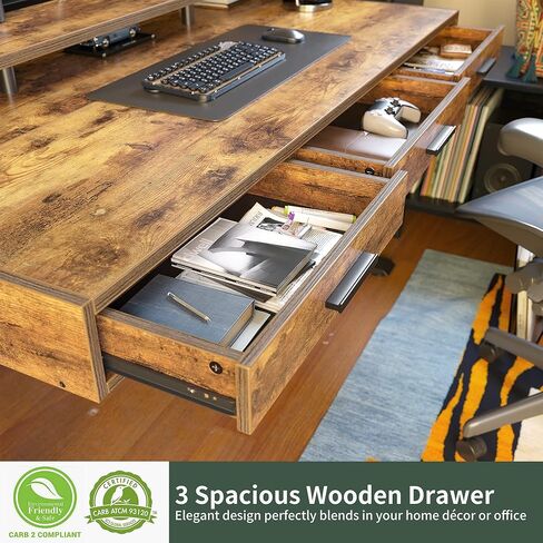 FEZIBO مكتب قائم كهربائي مع أدراج، مكتب واقف مقاس 55 × 26 بوصة قابل للتعديل، مكتب واقف مع رف شاشة، مكتب مكتب منزلي للجلوس، رمادي ريفي in Kuwait