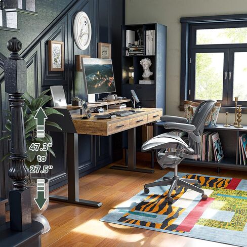 FEZIBO مكتب قائم كهربائي مع أدراج، مكتب واقف مقاس 55 × 26 بوصة قابل للتعديل، مكتب واقف مع رف شاشة، مكتب مكتب منزلي للجلوس، رمادي ريفي in Kuwait