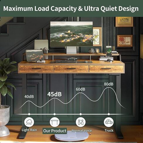 FEZIBO مكتب قائم كهربائي مع أدراج، مكتب واقف مقاس 55 × 26 بوصة قابل للتعديل، مكتب واقف مع رف شاشة، مكتب مكتب منزلي للجلوس، رمادي ريفي in Kuwait