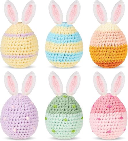 6 Pcs Decorative Easter Eggs Knitted Easter Eggs Ornaments Handmade Crochet Bunny Ear Egg for Easter Basket Fillers Rabbit Ears Eggs for Easter Party Decoration Crafts Favor in Kuwait