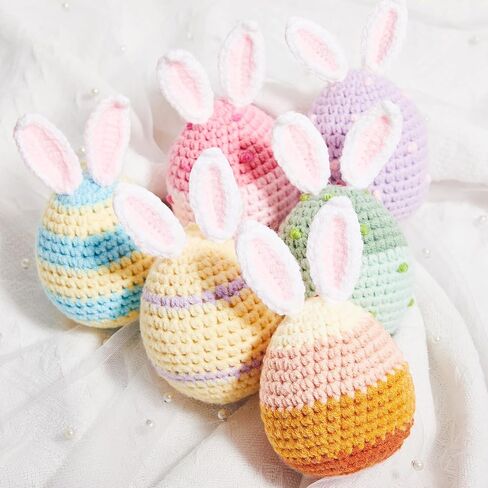 6 Pcs Decorative Easter Eggs Knitted Easter Eggs Ornaments Handmade Crochet Bunny Ear Egg for Easter Basket Fillers Rabbit Ears Eggs for Easter Party Decoration Crafts Favor in Kuwait