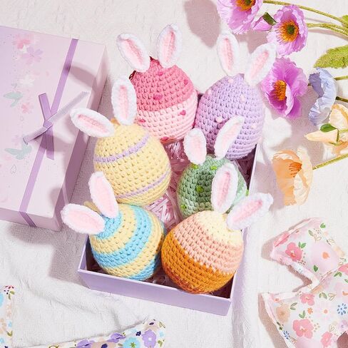 6 Pcs Decorative Easter Eggs Knitted Easter Eggs Ornaments Handmade Crochet Bunny Ear Egg for Easter Basket Fillers Rabbit Ears Eggs for Easter Party Decoration Crafts Favor in Kuwait