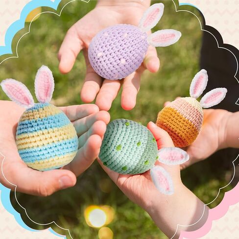 6 Pcs Decorative Easter Eggs Knitted Easter Eggs Ornaments Handmade Crochet Bunny Ear Egg for Easter Basket Fillers Rabbit Ears Eggs for Easter Party Decoration Crafts Favor in Kuwait
