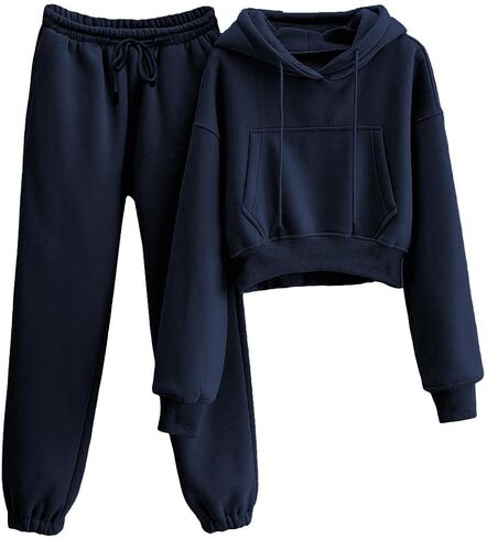 Women's 2 Piece Airport Outfits Fleece Crop Hoodies Pullover Sweatshirt Sweatsuits Joggers Pants Pockets in Saudi Arabia