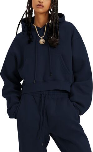 Women's 2 Piece Airport Outfits Fleece Crop Hoodies Pullover Sweatshirt Sweatsuits Joggers Pants Pockets in Saudi Arabia