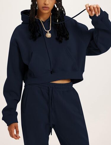Women's 2 Piece Airport Outfits Fleece Crop Hoodies Pullover Sweatshirt Sweatsuits Joggers Pants Pockets in Saudi Arabia