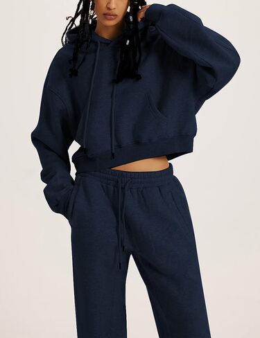 Women's 2 Piece Airport Outfits Fleece Crop Hoodies Pullover Sweatshirt Sweatsuits Joggers Pants Pockets in Saudi Arabia