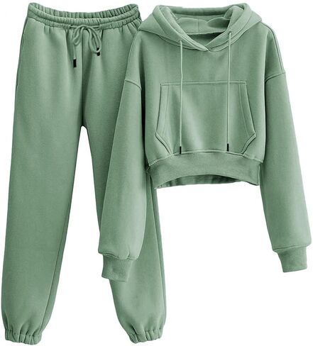 Women's 2 Piece Airport Outfits Fleece Crop Hoodies Pullover Sweatshirt Sweatsuits Joggers Pants Pockets in Saudi Arabia