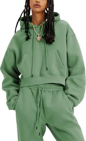 Women's 2 Piece Airport Outfits Fleece Crop Hoodies Pullover Sweatshirt Sweatsuits Joggers Pants Pockets in Saudi Arabia