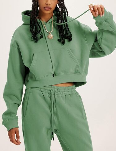 Women's 2 Piece Airport Outfits Fleece Crop Hoodies Pullover Sweatshirt Sweatsuits Joggers Pants Pockets in Saudi Arabia