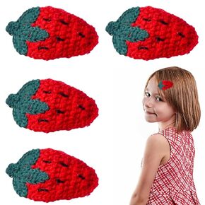 Strawberry Hair Clips for Baby Girls - 4Pcs Wool Knitting Strawberry Alligator Hair Clips Red Metal Snap Fruit Hair Clips Hair Barrettes Cute Strawberry Hair Accessories for Girls Toddlers Teens Gifts