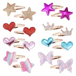 16 Pcs/8 Pairs Metal Hair Clips for Girls, Star/Crown/Heart Shaped Kids Hair Barrettes, 7 cm, Cute Sparkly Hair Styling Accessories