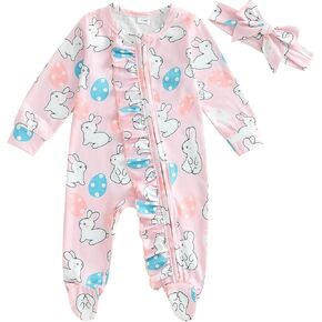Newborn Baby Girl Easter Outfit Infant Bunny Egg Footie Romper Spring Summer Ruffle One Piece Jumpsuit Clothes