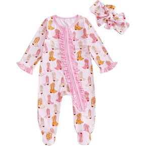 KMBANGI Newborn Baby Girl Western Outfits Ruffle Zipper Boots Footie Jumpsuit Long Sleeve One Piece Cowgirl Clothes 0-12M