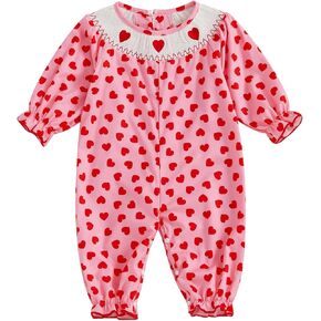 BULINGNA Infant Baby Girl Valentine's Day Outfit Long Sleeve Heart Print Smocked Jumpsuit Fall Ruffle Romper Clothes
