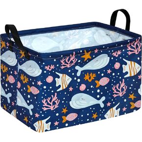 Rectangle Blue Whale Pattern Gift Basket Laundry Basket for Girls and Boys, Baby Storage Basket for Dirty Cloth, Toys Nursery, Kids Clothes Gift Storage Bin and Box with Handles