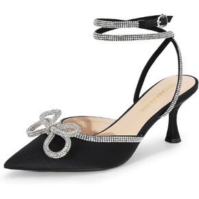 DREAM PAIRS Kitten Heels Rhinestone Bow Ankle Strap Stiletto Pointed Closed Toe Heels for Women Pumps Wedding Bridal Party Dress Shoes