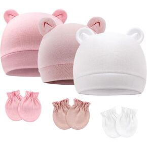 3 Pcs Newborn Baby Bear Ear Hats and Mittens Set Infant Beanie Caps Newborn Hospital Hat for Baby Boy Girl 0-3 Months