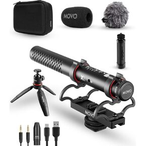 Movo X1 Supercardioid Shotgun Microphone - 3.5mm/XLR/USB-C Camera Mic for DSLR, Smartphones, and Computers - Professional On-Camera Microphone with Advanced Audio Controls, Tripod, and Accessories