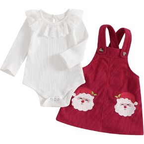 My First Christmas Baby Girl Outfit Newborn Lace Romper and Santa Corduroy Skirt Dress Outfits Clothes (Santa Claus Red, 6-12 Months)